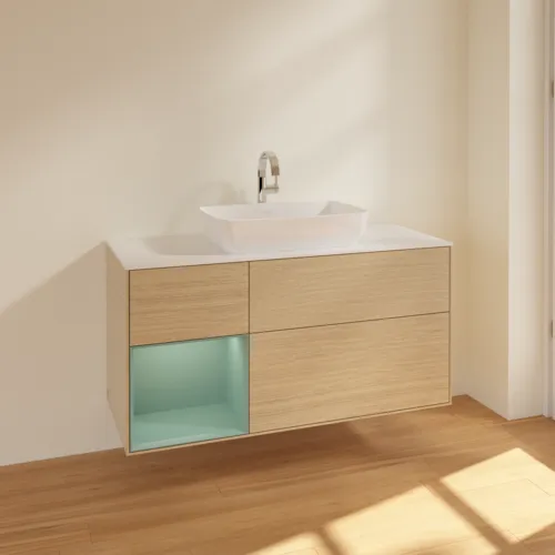 Bild von VILLEROY BOCH Finion Waschbeckenunterschrank, mit Beleuchtung, 3 Auszüge, 1200 x 603 x 501 mm, Oak Veneer / Olive Matt Lacquer / Glass White Matt #F821GMPC