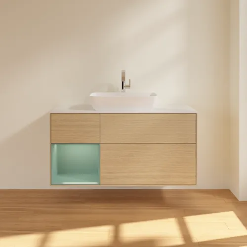 Bild von VILLEROY BOCH Finion Waschbeckenunterschrank, mit Beleuchtung, 3 Auszüge, 1200 x 603 x 501 mm, Oak Veneer / Olive Matt Lacquer / Glass White Matt #F821GMPC