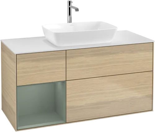 Bild von VILLEROY BOCH Finion Waschbeckenunterschrank, mit Beleuchtung, 3 Auszüge, 1200 x 603 x 501 mm, Oak Veneer / Olive Matt Lacquer / Glass White Matt #F821GMPC