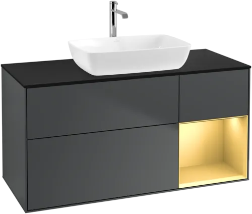 Bild von VILLEROY BOCH Finion Waschbeckenunterschrank, mit Beleuchtung, 3 Auszüge, 1200 x 603 x 501 mm, Midnight Blue Matt Lacquer / Gold Matt Lacquer / Glass Black Matt #F832HFHG
