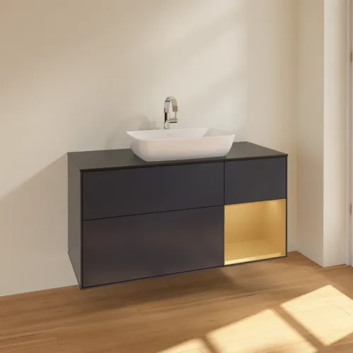 Bild von VILLEROY BOCH Finion Waschbeckenunterschrank, mit Beleuchtung, 3 Auszüge, 1200 x 603 x 501 mm, Midnight Blue Matt Lacquer / Gold Matt Lacquer / Glass Black Matt #F832HFHG