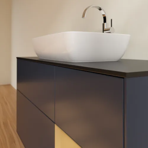 Bild von VILLEROY BOCH Finion Waschbeckenunterschrank, mit Beleuchtung, 3 Auszüge, 1200 x 603 x 501 mm, Midnight Blue Matt Lacquer / Gold Matt Lacquer / Glass Black Matt #F832HFHG