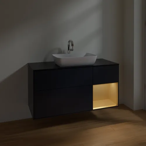 Bild von VILLEROY BOCH Finion Waschbeckenunterschrank, mit Beleuchtung, 3 Auszüge, 1200 x 603 x 501 mm, Midnight Blue Matt Lacquer / Gold Matt Lacquer / Glass Black Matt #F832HFHG