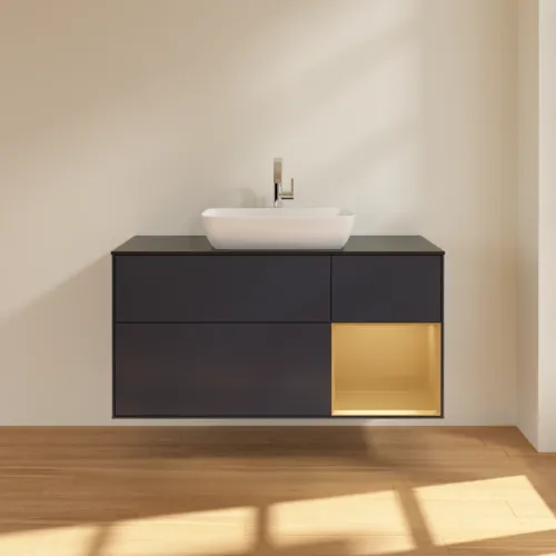 Bild von VILLEROY BOCH Finion Waschbeckenunterschrank, mit Beleuchtung, 3 Auszüge, 1200 x 603 x 501 mm, Midnight Blue Matt Lacquer / Gold Matt Lacquer / Glass Black Matt #F832HFHG