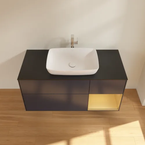 Bild von VILLEROY BOCH Finion Waschbeckenunterschrank, mit Beleuchtung, 3 Auszüge, 1200 x 603 x 501 mm, Midnight Blue Matt Lacquer / Gold Matt Lacquer / Glass Black Matt #F832HFHG