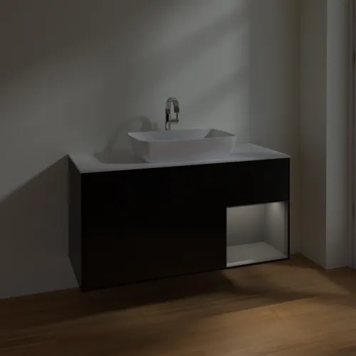 Picture of VILLEROY BOCH Finion Vanity unit, with lighting, 3 pull-out compartments, 1200 x 603 x 501 mm, Black Matt Lacquer / Anthracite Matt Lacquer / Glass White Matt #F831GKPD