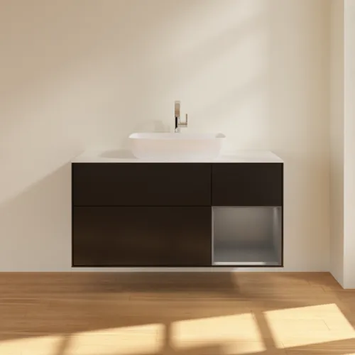 Picture of VILLEROY BOCH Finion Vanity unit, with lighting, 3 pull-out compartments, 1200 x 603 x 501 mm, Black Matt Lacquer / Anthracite Matt Lacquer / Glass White Matt #F831GKPD
