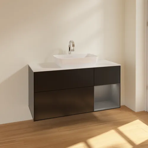 Picture of VILLEROY BOCH Finion Vanity unit, with lighting, 3 pull-out compartments, 1200 x 603 x 501 mm, Black Matt Lacquer / Anthracite Matt Lacquer / Glass White Matt #F831GKPD