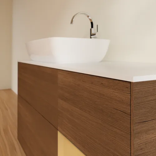 Bild von VILLEROY BOCH Finion Waschbeckenunterschrank, mit Beleuchtung, 3 Auszüge, 1200 x 603 x 501 mm, Walnut Veneer / Gold Matt Lacquer / Glass White Matt #F811HFGN