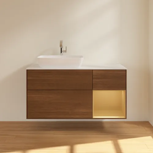 Bild von VILLEROY BOCH Finion Waschbeckenunterschrank, mit Beleuchtung, 3 Auszüge, 1200 x 603 x 501 mm, Walnut Veneer / Gold Matt Lacquer / Glass White Matt #F811HFGN