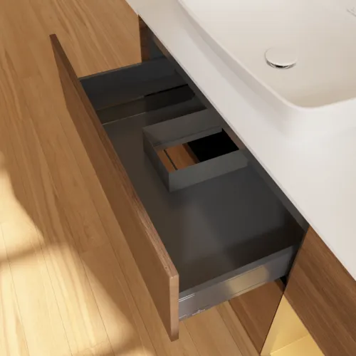 Bild von VILLEROY BOCH Finion Waschbeckenunterschrank, mit Beleuchtung, 3 Auszüge, 1200 x 603 x 501 mm, Walnut Veneer / Gold Matt Lacquer / Glass White Matt #F811HFGN