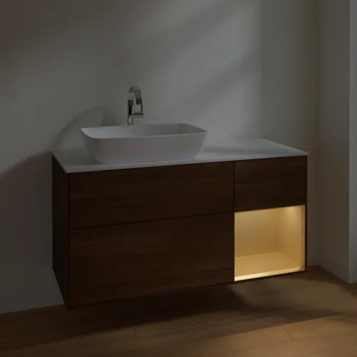 Bild von VILLEROY BOCH Finion Waschbeckenunterschrank, mit Beleuchtung, 3 Auszüge, 1200 x 603 x 501 mm, Walnut Veneer / Gold Matt Lacquer / Glass White Matt #F811HFGN