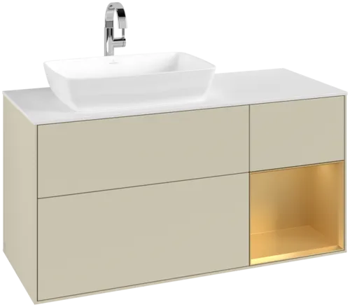 Bild von VILLEROY BOCH Finion Waschbeckenunterschrank, mit Beleuchtung, 3 Auszüge, 1200 x 603 x 501 mm, Silk Grey Matt Lacquer / Gold Matt Lacquer / Glass White Matt #F811HFHJ