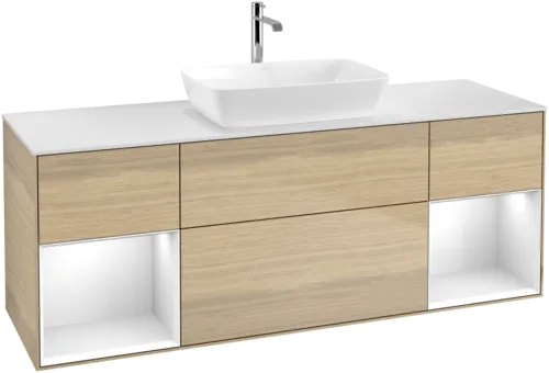 Bild von VILLEROY BOCH Finion Waschbeckenunterschrank, mit Beleuchtung, 4 Auszüge, 1600 x 603 x 501 mm, Oak Veneer / Glossy White Lacquer / Glass White Matt #F861GFPC