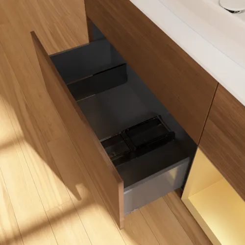 Bild von VILLEROY BOCH Finion Waschbeckenunterschrank, mit Beleuchtung, 3 Auszüge, 1200 x 603 x 501 mm, Walnut Veneer / Gold Matt Lacquer / Glass White Matt #F831HFGN