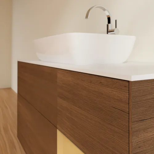 Bild von VILLEROY BOCH Finion Waschbeckenunterschrank, mit Beleuchtung, 3 Auszüge, 1200 x 603 x 501 mm, Walnut Veneer / Gold Matt Lacquer / Glass White Matt #F831HFGN