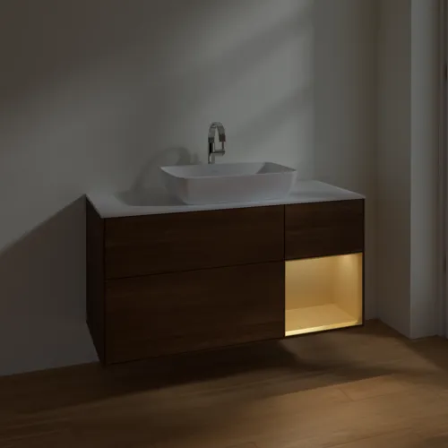 Bild von VILLEROY BOCH Finion Waschbeckenunterschrank, mit Beleuchtung, 3 Auszüge, 1200 x 603 x 501 mm, Walnut Veneer / Gold Matt Lacquer / Glass White Matt #F831HFGN