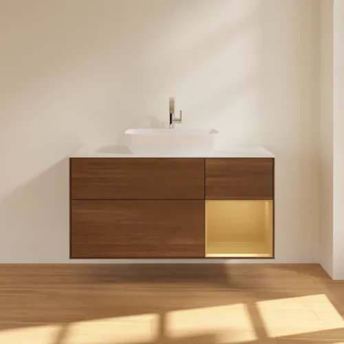 Bild von VILLEROY BOCH Finion Waschbeckenunterschrank, mit Beleuchtung, 3 Auszüge, 1200 x 603 x 501 mm, Walnut Veneer / Gold Matt Lacquer / Glass White Matt #F831HFGN
