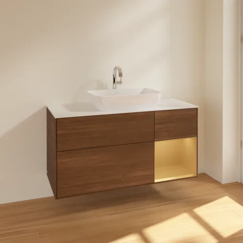 Bild von VILLEROY BOCH Finion Waschbeckenunterschrank, mit Beleuchtung, 3 Auszüge, 1200 x 603 x 501 mm, Walnut Veneer / Gold Matt Lacquer / Glass White Matt #F831HFGN