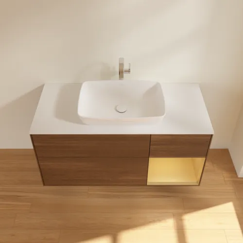 Bild von VILLEROY BOCH Finion Waschbeckenunterschrank, mit Beleuchtung, 3 Auszüge, 1200 x 603 x 501 mm, Walnut Veneer / Gold Matt Lacquer / Glass White Matt #F831HFGN