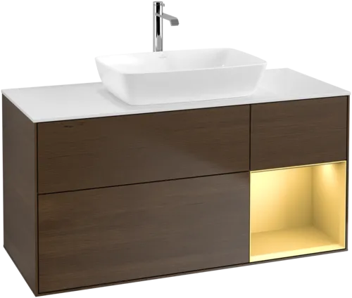Bild von VILLEROY BOCH Finion Waschbeckenunterschrank, mit Beleuchtung, 3 Auszüge, 1200 x 603 x 501 mm, Walnut Veneer / Gold Matt Lacquer / Glass White Matt #F831HFGN
