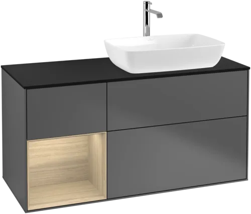 Bild von VILLEROY BOCH Finion Waschbeckenunterschrank, mit Beleuchtung, 3 Auszüge, 1200 x 603 x 501 mm, Anthracite Matt Lacquer / Oak Veneer / Glass Black Matt #F802PCGK
