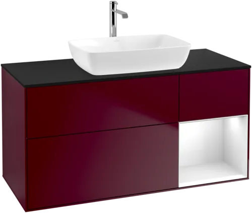 Bild von VILLEROY BOCH Finion Waschbeckenunterschrank, mit Beleuchtung, 3 Auszüge, 1200 x 603 x 501 mm, Peony Matt Lacquer / Glossy White Lacquer / Glass Black Matt #F832GFHB
