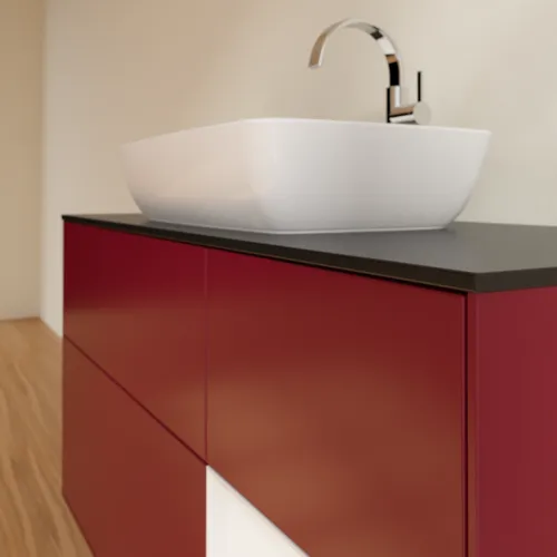Bild von VILLEROY BOCH Finion Waschbeckenunterschrank, mit Beleuchtung, 3 Auszüge, 1200 x 603 x 501 mm, Peony Matt Lacquer / Glossy White Lacquer / Glass Black Matt #F832GFHB