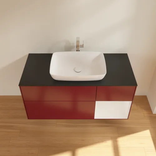 Bild von VILLEROY BOCH Finion Waschbeckenunterschrank, mit Beleuchtung, 3 Auszüge, 1200 x 603 x 501 mm, Peony Matt Lacquer / Glossy White Lacquer / Glass Black Matt #F832GFHB
