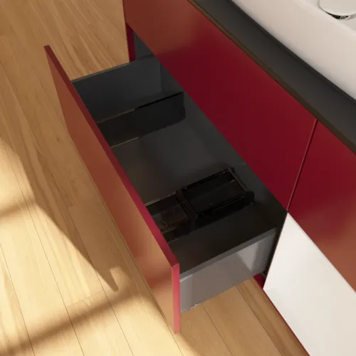 Bild von VILLEROY BOCH Finion Waschbeckenunterschrank, mit Beleuchtung, 3 Auszüge, 1200 x 603 x 501 mm, Peony Matt Lacquer / Glossy White Lacquer / Glass Black Matt #F832GFHB