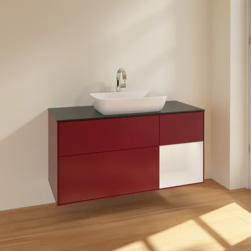 Bild von VILLEROY BOCH Finion Waschbeckenunterschrank, mit Beleuchtung, 3 Auszüge, 1200 x 603 x 501 mm, Peony Matt Lacquer / Glossy White Lacquer / Glass Black Matt #F832GFHB