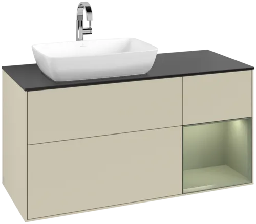 Bild von VILLEROY BOCH Finion Waschbeckenunterschrank, mit Beleuchtung, 3 Auszüge, 1200 x 603 x 501 mm, Silk Grey Matt Lacquer / Olive Matt Lacquer / Glass Black Matt #F812GMHJ