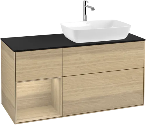 Obrázek VILLEROY BOCH Toaletní stolek Finion, s osvětlením, 3 výsuvy, 1200 x 603 x 501 mm, dubová dýha / dubová dýha / sklo černé matné #F802PCPC