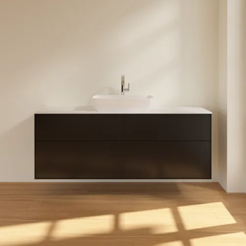 Obrázek VILLEROY BOCH Toaletní skříňka Finion, 4 výsuvy, 1600 x 603 x 501 mm, černý matný lak / bílé matné sklo #F85100PD