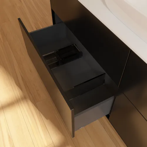 Obrázek VILLEROY BOCH Toaletní skříňka Finion, 4 výsuvy, 1600 x 603 x 501 mm, černý matný lak / bílé matné sklo #F85100PD