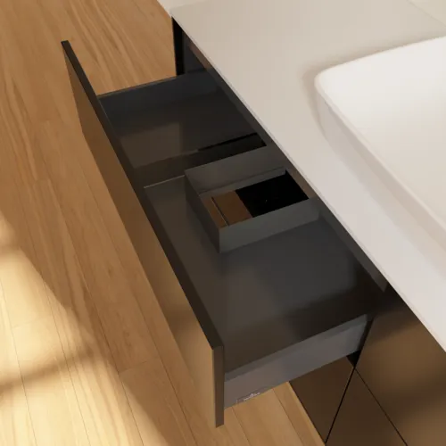 Obrázek VILLEROY BOCH Toaletní skříňka Finion, 4 výsuvy, 1600 x 603 x 501 mm, černý matný lak / bílé matné sklo #F85100PD