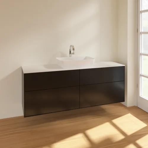 Obrázek VILLEROY BOCH Toaletní skříňka Finion, 4 výsuvy, 1600 x 603 x 501 mm, černý matný lak / bílé matné sklo #F85100PD