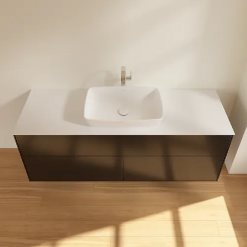 Obrázek VILLEROY BOCH Toaletní skříňka Finion, 4 výsuvy, 1600 x 603 x 501 mm, černý matný lak / bílé matné sklo #F85100PD