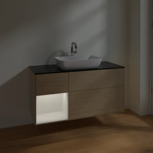 Obrázek VILLEROY BOCH Toaletní skříňka Finion, s osvětlením, 3 výsuvy, 1200 x 603 x 501 mm, dubová dýha / lesklý bílý lak / černé matné sklo #F822GFPC