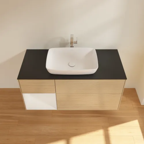 Obrázek VILLEROY BOCH Toaletní skříňka Finion, s osvětlením, 3 výsuvy, 1200 x 603 x 501 mm, dubová dýha / lesklý bílý lak / černé matné sklo #F822GFPC