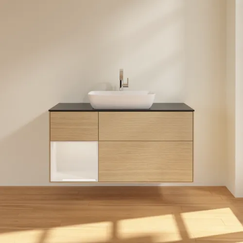 Obrázek VILLEROY BOCH Toaletní skříňka Finion, s osvětlením, 3 výsuvy, 1200 x 603 x 501 mm, dubová dýha / lesklý bílý lak / černé matné sklo #F822GFPC