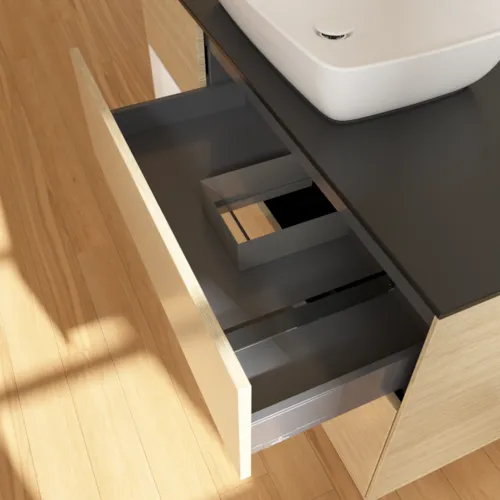 Obrázek VILLEROY BOCH Toaletní skříňka Finion, s osvětlením, 3 výsuvy, 1200 x 603 x 501 mm, dubová dýha / lesklý bílý lak / černé matné sklo #F822GFPC