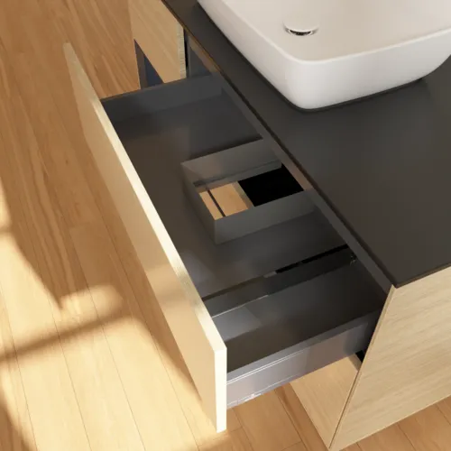 Bild von VILLEROY BOCH Finion Waschbeckenunterschrank, mit Beleuchtung, 3 Auszüge, 1200 x 603 x 501 mm, Oak Veneer / Midnight Blue Matt Lacquer / Glass Black Matt #F822HGPC