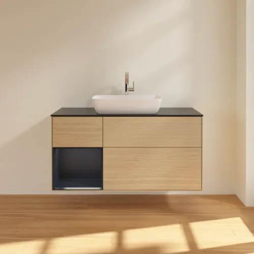 Bild von VILLEROY BOCH Finion Waschbeckenunterschrank, mit Beleuchtung, 3 Auszüge, 1200 x 603 x 501 mm, Oak Veneer / Midnight Blue Matt Lacquer / Glass Black Matt #F822HGPC