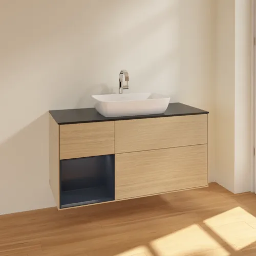 Bild von VILLEROY BOCH Finion Waschbeckenunterschrank, mit Beleuchtung, 3 Auszüge, 1200 x 603 x 501 mm, Oak Veneer / Midnight Blue Matt Lacquer / Glass Black Matt #F822HGPC