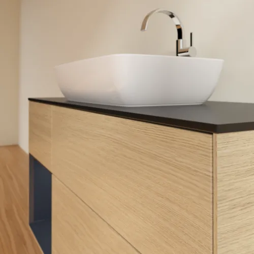 Bild von VILLEROY BOCH Finion Waschbeckenunterschrank, mit Beleuchtung, 3 Auszüge, 1200 x 603 x 501 mm, Oak Veneer / Midnight Blue Matt Lacquer / Glass Black Matt #F822HGPC