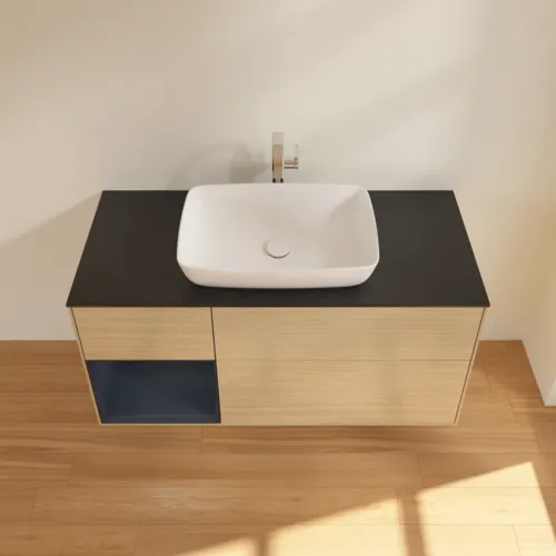 Bild von VILLEROY BOCH Finion Waschbeckenunterschrank, mit Beleuchtung, 3 Auszüge, 1200 x 603 x 501 mm, Oak Veneer / Midnight Blue Matt Lacquer / Glass Black Matt #F822HGPC