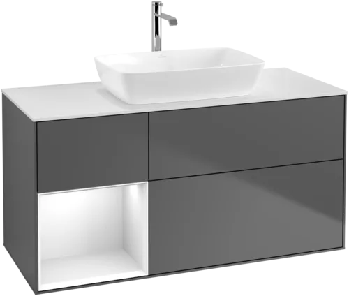 Bild von VILLEROY BOCH Finion Waschbeckenunterschrank, mit Beleuchtung, 3 Auszüge, 1200 x 603 x 501 mm, Anthracite Matt Lacquer / Glossy White Lacquer / Glass White Matt #F821GFGK