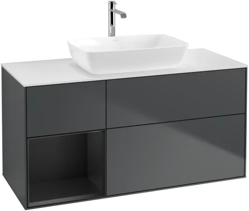 Bild von VILLEROY BOCH Finion Waschbeckenunterschrank, mit Beleuchtung, 3 Auszüge, 1200 x 603 x 501 mm, Midnight Blue Matt Lacquer / Black Matt Lacquer / Glass White Matt #F821PDHG