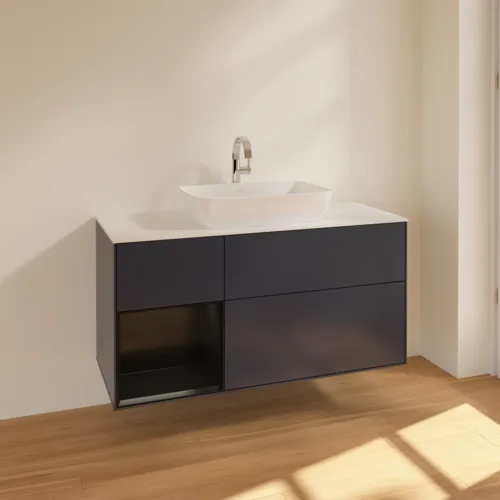 Bild von VILLEROY BOCH Finion Waschbeckenunterschrank, mit Beleuchtung, 3 Auszüge, 1200 x 603 x 501 mm, Midnight Blue Matt Lacquer / Black Matt Lacquer / Glass White Matt #F821PDHG